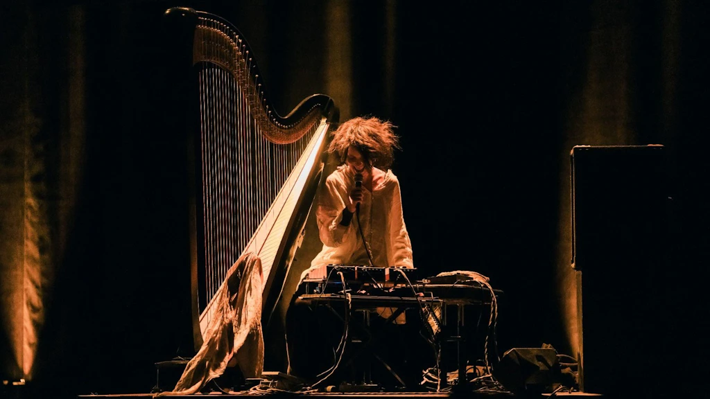 Performance scenica durante la cerimonia dei Premi svizzeri di musica. Una musicista suona l’arpa e utilizza apparecchi elettronici. Una luce calda mette in risalto la scena su uno sfondo scuro e sottolinea l’interazione tra suoni acustici ed elettronici.