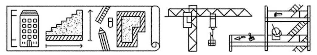 Eine Illustration zeigt links einen aufgerollten Plan und rechts ein Gerüst und einen Kran. 