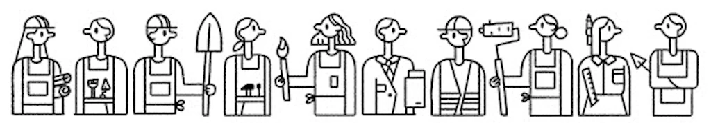 Unterschiedliche Menschen, die in der Baukultur tätig sind, werden illustriert: Von der Handwerkerin über den Planer bis zum Beamten. 