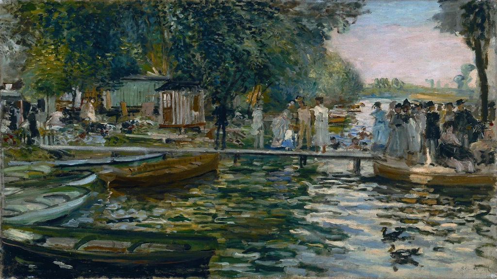 Impressionistische Szene am Fluss mit Booten, Badenden und Spaziergängern auf einer kleinen Brücke, dargestellt in „La Grenouillère“ von Pierre-Auguste Renoir, 1869
