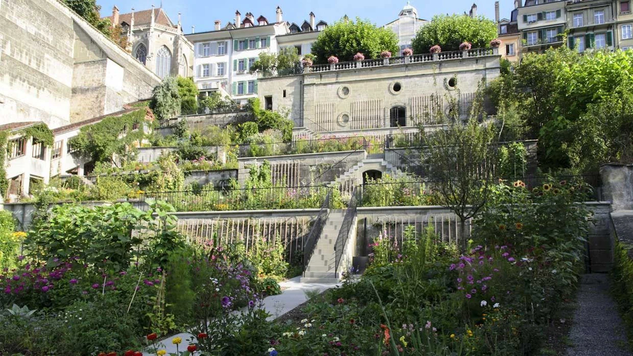 Das Bild zeigt den am Aarehang gelegenen Garten des Beatrice von Wattenwyl-Hauses in Bern. 